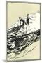 Woodcut of Two Surfers-null-Mounted Art Print