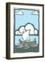 Woodcut Style Ancient Greek Galley with Oars and Sail at Sea with Sky and Clouds.-Jef Thompson-Framed Art Print