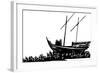 Woodcut Style Expressionist Images of Three Men on an Arabic Dhow Carried by a Crowd of Refugees-Jef Thompson-Framed Art Print