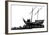 Woodcut Style Expressionist Images of Three Men on an Arabic Dhow Carried by a Crowd of Refugees-Jef Thompson-Framed Art Print