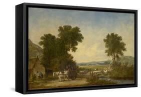 Wooded Country Landscape with Figures in a Cart, C.1855 (Oil on Canvas)-Alfred Vickers-Framed Stretched Canvas