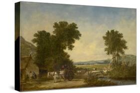 Wooded Country Landscape with Figures in a Cart, C.1855 (Oil on Canvas)-Alfred Vickers-Stretched Canvas