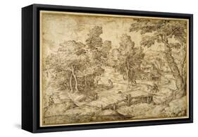 Wooded Landscape with a Farmstead and a Wooden Bridge over a Sluice-Domenico Campagnola-Framed Stretched Canvas