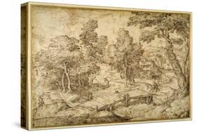 Wooded Landscape with a Farmstead and a Wooden Bridge over a Sluice-Domenico Campagnola-Stretched Canvas