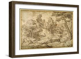 Wooded Landscape with a Farmstead and a Wooden Bridge over a Sluice-Domenico Campagnola-Framed Giclee Print