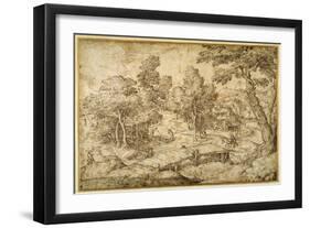 Wooded Landscape with a Farmstead and a Wooden Bridge over a Sluice-Domenico Campagnola-Framed Giclee Print