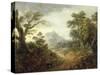 Wooded Landscape with Figures, Bridge, Donkeys, Distant Buildings and Mountain-Thomas Gainsborough-Stretched Canvas
