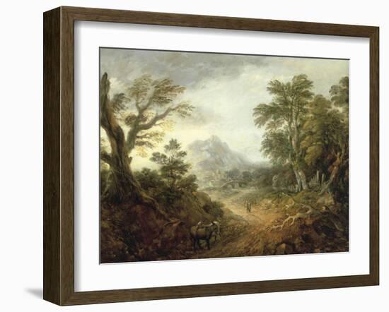 Wooded Landscape with Figures, Bridge, Donkeys, Distant Buildings and Mountain-Thomas Gainsborough-Framed Giclee Print