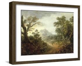 Wooded Landscape with Figures, Bridge, Donkeys, Distant Buildings and Mountain-Thomas Gainsborough-Framed Giclee Print