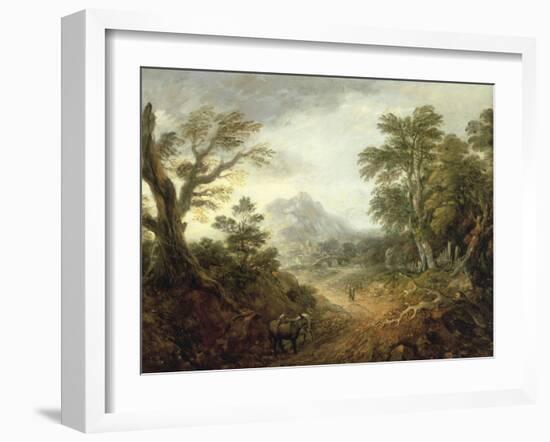 Wooded Landscape with Figures, Bridge, Donkeys, Distant Buildings and Mountain-Thomas Gainsborough-Framed Giclee Print