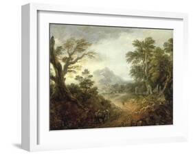 Wooded Landscape with Figures, Bridge, Donkeys, Distant Buildings and Mountain-Thomas Gainsborough-Framed Giclee Print