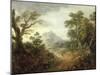 Wooded Landscape with Figures, Bridge, Donkeys, Distant Buildings and Mountain-Thomas Gainsborough-Mounted Giclee Print