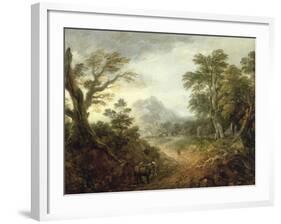 Wooded Landscape with Figures, Bridge, Donkeys, Distant Buildings and Mountain-Thomas Gainsborough-Framed Giclee Print