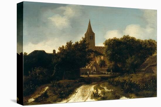 Wooded Landscape with Figures Near a Church, circa 1660-Meindert Hobbema-Stretched Canvas