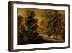 Wooded Landscape with Herdsman and Cattle, C.1770 (Black and White Chalk, Varnished)-Thomas Gainsborough-Framed Giclee Print