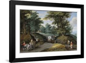 Wooded Landscape With Horses Carts And To The Market Attracting Farmers Wood Print-Pieter Brueghel the Younger-Framed Premium Giclee Print