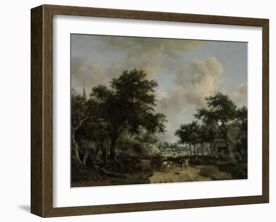 Wooded Landscape with Merrymakers in a Cart-Meindert Hobbema-Framed Art Print