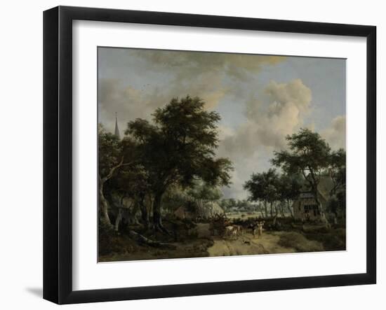 Wooded Landscape with Merrymakers in a Cart-Meindert Hobbema-Framed Art Print