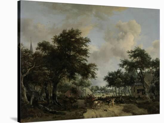 Wooded Landscape with Merrymakers in a Cart-Meindert Hobbema-Stretched Canvas