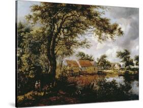 Wooded Landscape with Watermill, 1660s-Meindert Hobbema-Stretched Canvas