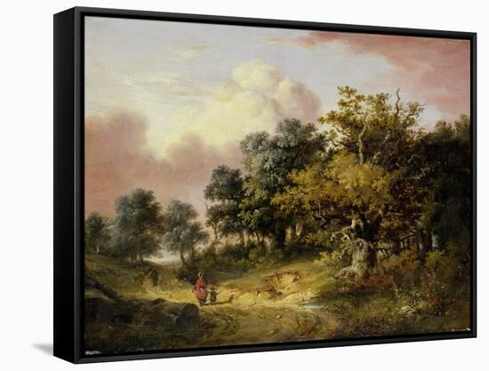 Wooded Landscape with Woman and Child Walking Down a Road (Oil on Panel)-Robert Ladbrooke-Framed Stretched Canvas