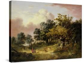 Wooded Landscape with Woman and Child Walking Down a Road (Oil on Panel)-Robert Ladbrooke-Stretched Canvas