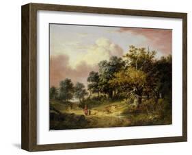 Wooded Landscape with Woman and Child Walking Down a Road (Oil on Panel)-Robert Ladbrooke-Framed Giclee Print