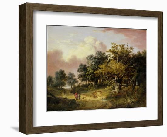 Wooded Landscape with Woman and Child Walking Down a Road (Oil on Panel)-Robert Ladbrooke-Framed Giclee Print