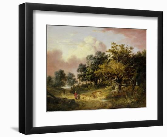 Wooded Landscape with Woman and Child Walking Down a Road (Oil on Panel)-Robert Ladbrooke-Framed Giclee Print