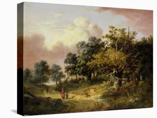 Wooded Landscape with Woman and Child Walking Down a Road (Oil on Panel)-Robert Ladbrooke-Stretched Canvas