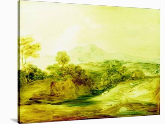 Wooded River Landscape with Figures on a Bridge, C.1783-4 (Paint on Glass)-Thomas Gainsborough-Stretched Canvas