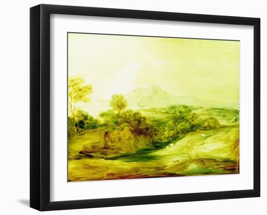 Wooded River Landscape with Figures on a Bridge, C.1783-4 (Paint on Glass)-Thomas Gainsborough-Framed Giclee Print
