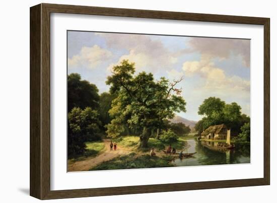 Wooded River Landscape with Peasants Unloading a Ferry-Marinus Adrianus Koekkoek-Framed Giclee Print