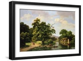 Wooded River Landscape with Peasants Unloading a Ferry-Marinus Adrianus Koekkoek-Framed Giclee Print