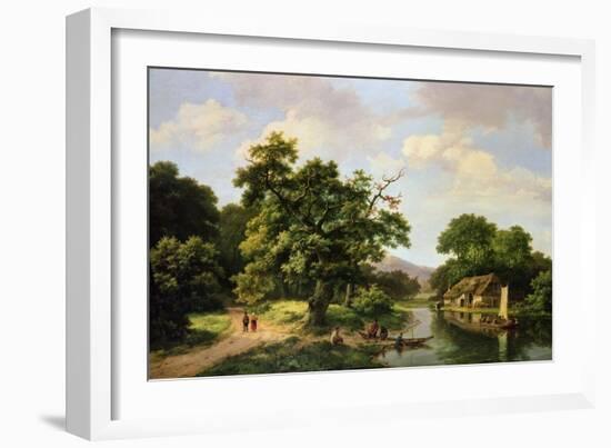 Wooded River Landscape with Peasants Unloading a Ferry-Marinus Adrianus Koekkoek-Framed Giclee Print