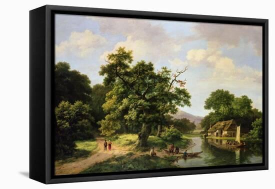 Wooded River Landscape with Peasants Unloading a Ferry-Marinus Adrianus Koekkoek-Framed Stretched Canvas