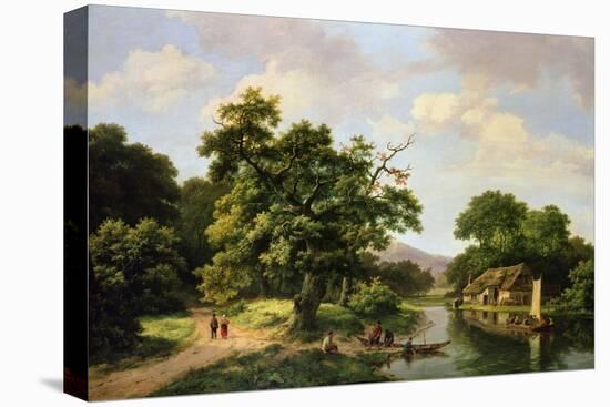 Wooded River Landscape with Peasants Unloading a Ferry-Marinus Adrianus Koekkoek-Stretched Canvas