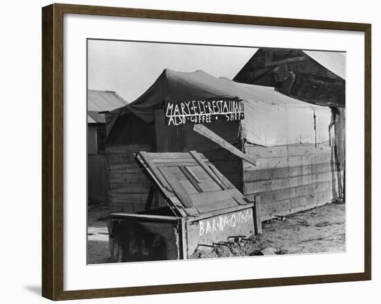 Wooden and Tin Shack with Canvas Roof Housing, Mary Ely Restaurant, Bar B Q Today, in Oil Boomtown-Carl Mydans-Framed Photographic Print