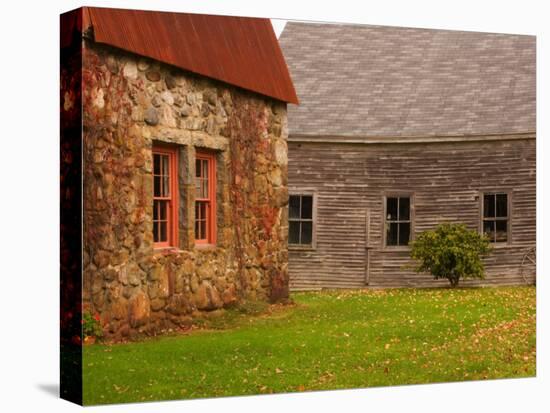 Wooden Barn and Old Stone Building in Rural New England, Maine, USA-Joanne Wells-Stretched Canvas