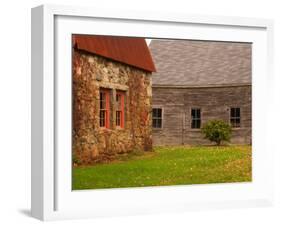 Wooden Barn and Old Stone Building in Rural New England, Maine, USA-Joanne Wells-Framed Photographic Print