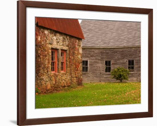 Wooden Barn and Old Stone Building in Rural New England, Maine, USA-Joanne Wells-Framed Photographic Print