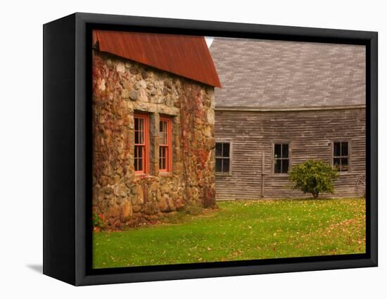 Wooden Barn and Old Stone Building in Rural New England, Maine, USA-Joanne Wells-Framed Stretched Canvas