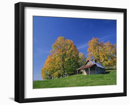 Wooden Barn Building and Trees in Fall Colours, Vermont, New England, USA-Rainford Roy-Framed Photographic Print