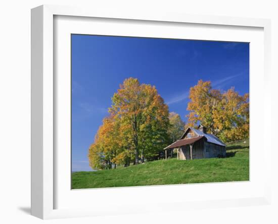 Wooden Barn Building and Trees in Fall Colours, Vermont, New England, USA-Rainford Roy-Framed Photographic Print