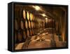 Wooden Barrels with Aging Wine in Cellar, Domaine E Guigal, Ampuis, Cote Rotie, Rhone, France-Per Karlsson-Framed Stretched Canvas