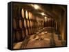 Wooden Barrels with Aging Wine in Cellar, Domaine E Guigal, Ampuis, Cote Rotie, Rhone, France-Per Karlsson-Framed Stretched Canvas