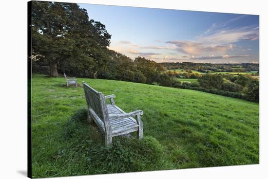 Wooden bench looking over green field countryside of High Weald on summer evening, Burwash-Stuart Black-Stretched Canvas