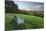 Wooden bench looking over green field countryside of High Weald on summer evening, Burwash-Stuart Black-Mounted Photographic Print