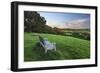 Wooden bench looking over green field countryside of High Weald on summer evening, Burwash-Stuart Black-Framed Photographic Print