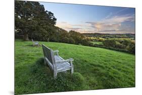 Wooden bench looking over green field countryside of High Weald on summer evening, Burwash-Stuart Black-Mounted Premium Photographic Print